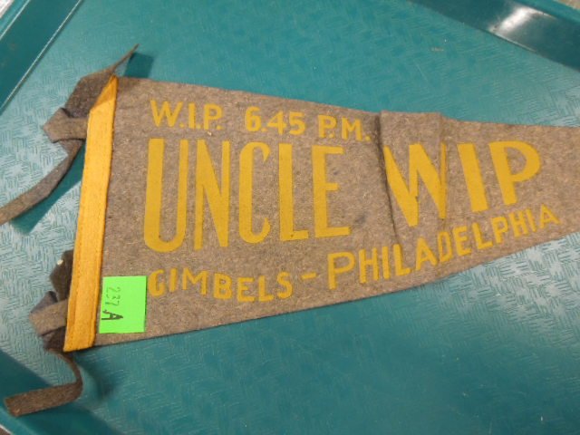 "Uncle WIP" radio souvenir pennant: Vintage "Uncle WIP" radio children's show banner, 1940's, 17 1/2"lCondition; light fading from age