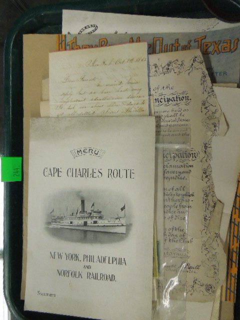 Vintage American Ephemera: Vintage American Ephemera, most early 20th c. including; (2) Civil War era letters (children to parents), Cape Charles Point Steamer menu, NY Press Club, CCC booklet, sheet music Condition; minor wear