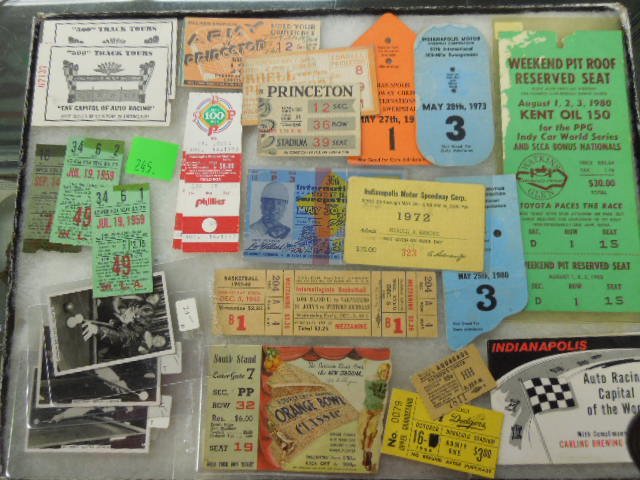 Vintage Racing & other sports ephemera: Vintage Racing & other sports ephemera including; Indianapolis 500 tickets, sweepstakes cards, fold out map, lap cards, plus Princeton football, LA Dodgers and Philadelphia Phillies ticket stubs, MSG 