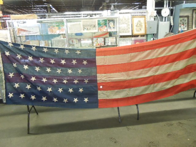 45 Star US flag: 45 Star US flag, 1896 - 1908 (Utah). 3 rows of 7 stars and 3 rows of 8 stars, 66" x 113" Condition; wear from age, holes through out, edge pretty good