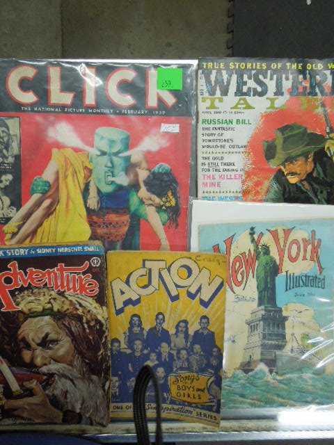 Vintage magazines: Vintage magazines including; Action, Adventure (25 cents), NY Illustrated (35 cents), Western Tales (1960), Click (Feb 1939, 10 cents) Condition; Adventure has no back cover, some wear to covers and p