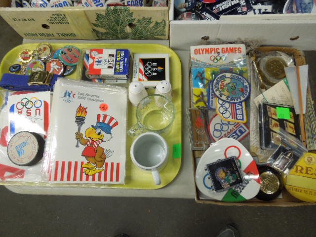 Large Lot Olympic souvenirs: Large Lot Olympic souvenirs including patches, cups, buttons, hockey puck, pins, paperweight, fans, tee shirt, plastic toy figures and more 1960's - 1980's Condition; no issues noted