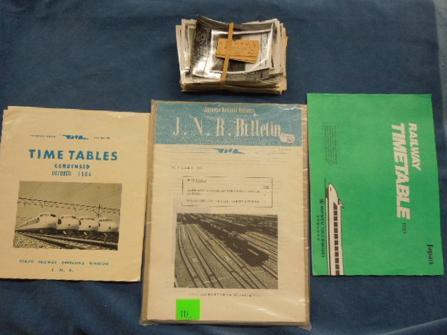 Japanese Train & Trolley Photos, Tables: Japanese train & trolley photos, tables, C. 1930s-40s, 3" x 5" & smaller with mailing, envelopes from Japan & index cards, plus three railway time tables (two 1964, one 1993, JNR Bulletin (1974) & thr