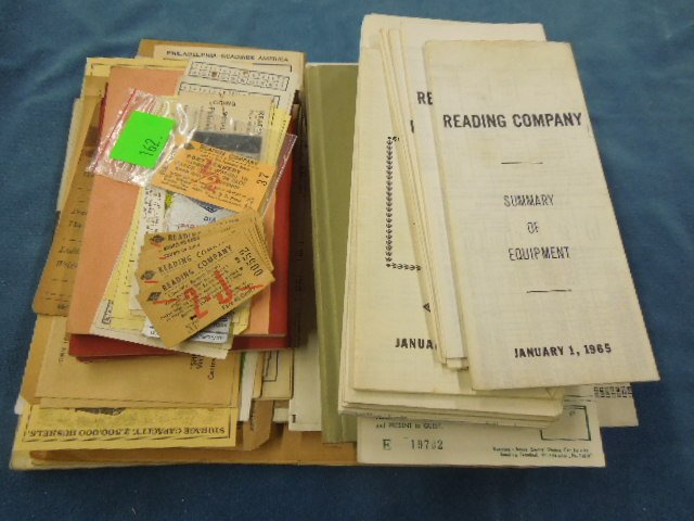 Reading Co. Booklets and other paper items: Reading Co. Booklets and other paper items including schedules, history, test books, dining car checks, blank ledgers, Brotherhood of Engineer agreements, ticket stubs and more Condition; some wear