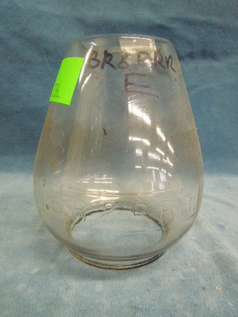 Buffalo, Rochester & Pittsburgh RW Lantern Globe: Buffalo, Rochester and Pittsburgh Railway Lantern Globe, measures 5 1/2" tall, 2" top I.D., 2 3/4" bottom I.D. (embossed). CONDITION: Good.