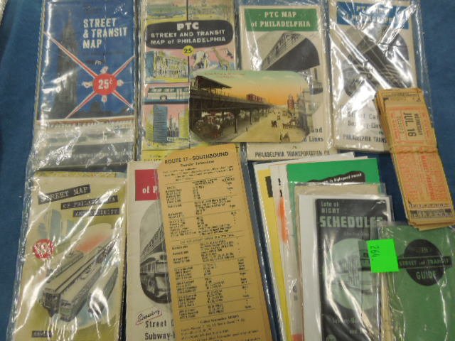 Vintage PTC Ephemera: Vintage PTC ephemera, early to mid 20th C. including: route schedules & pamphlets, changes pamphlets, maps of PTC subway, bus & elevated lines, street & transit guide, fare tickets 1911 postcard (elev