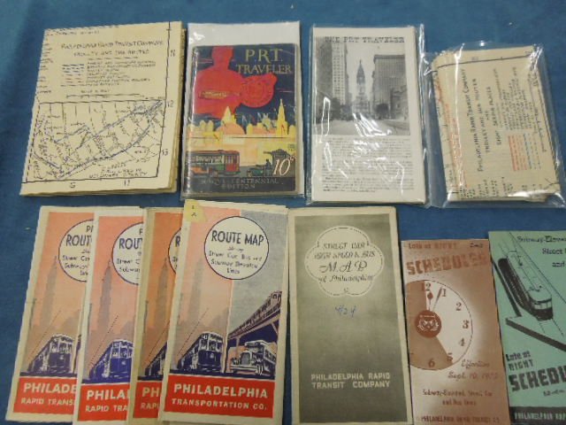Vintage PRT Co. Ephemera: Vintage Philadelphia Rapid Transit Co. ephemera, early to mid 20th C., including: five route maps showing street car, bus & elevated lines, two late night schedules (1938-39), three trolley & bus rout