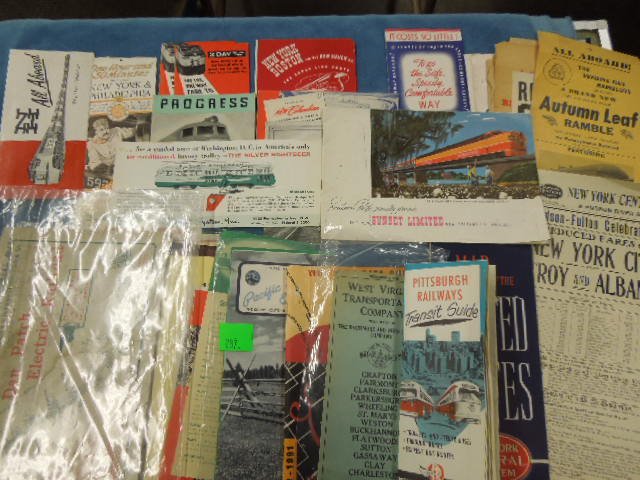 Vintage RR Advertising pamphlets: Vintage RR Advertising pamphlets including; Union Pacific, Rocky Mountain Rocket, DC transit, Dan Patch Electric RR, P.RR, Sunset Limited, plus more and US map and Long Notices, calendarCondition; som