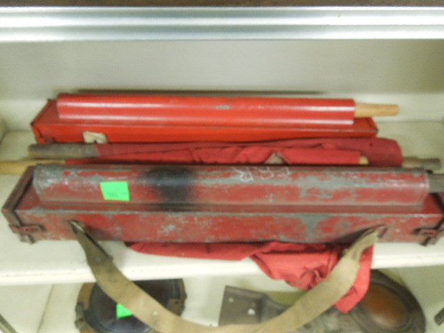 Vintage RR Signal Flags: Three vintage (possibly Penna. RR) American railroad signal flags with original metal cases, mid-20th C. CONDITION: Normal wear consistent with age & use.