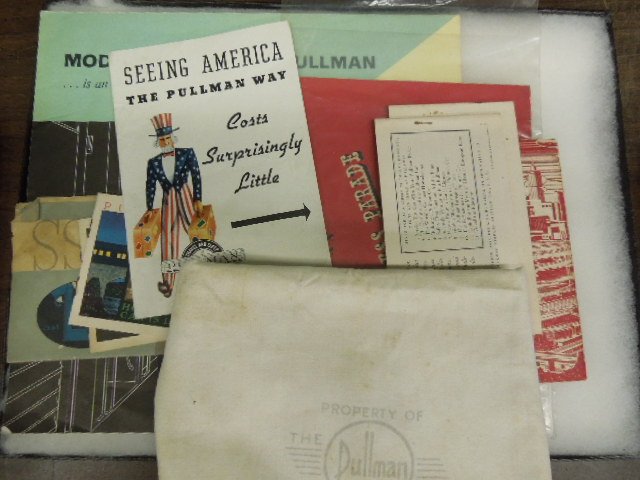 Vintage Pullman Advertising Ephemera: [10 pieces] vintage Pullman advertising ephemera, to include: nine Pullman company promotional pamphlets, & a Pullman / Union Pacific pillow case, 1930s-50s. CONDITION: Most very good; one pamphlet wi