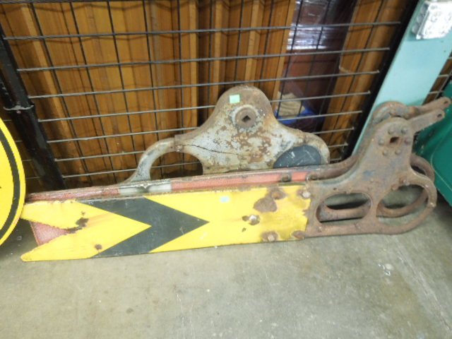 Lot of Three Vintage Railroad Semaphores: Lot of Three vintage railroad semaphores (1) cast iron pc., (2) steel with gates, (approx 62" Long). CONDITION: Poor, cast iron broken, all missing lenses, enamel loss, rust.