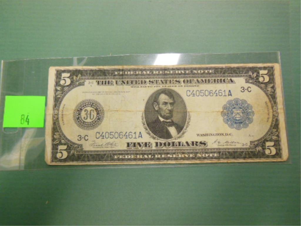 Large $5 Federal Reserve Note: Large $5 Federal Reserve note; 1914 Philadelphia, white, melon. CONDITION: Slight stain, minor fold marks.