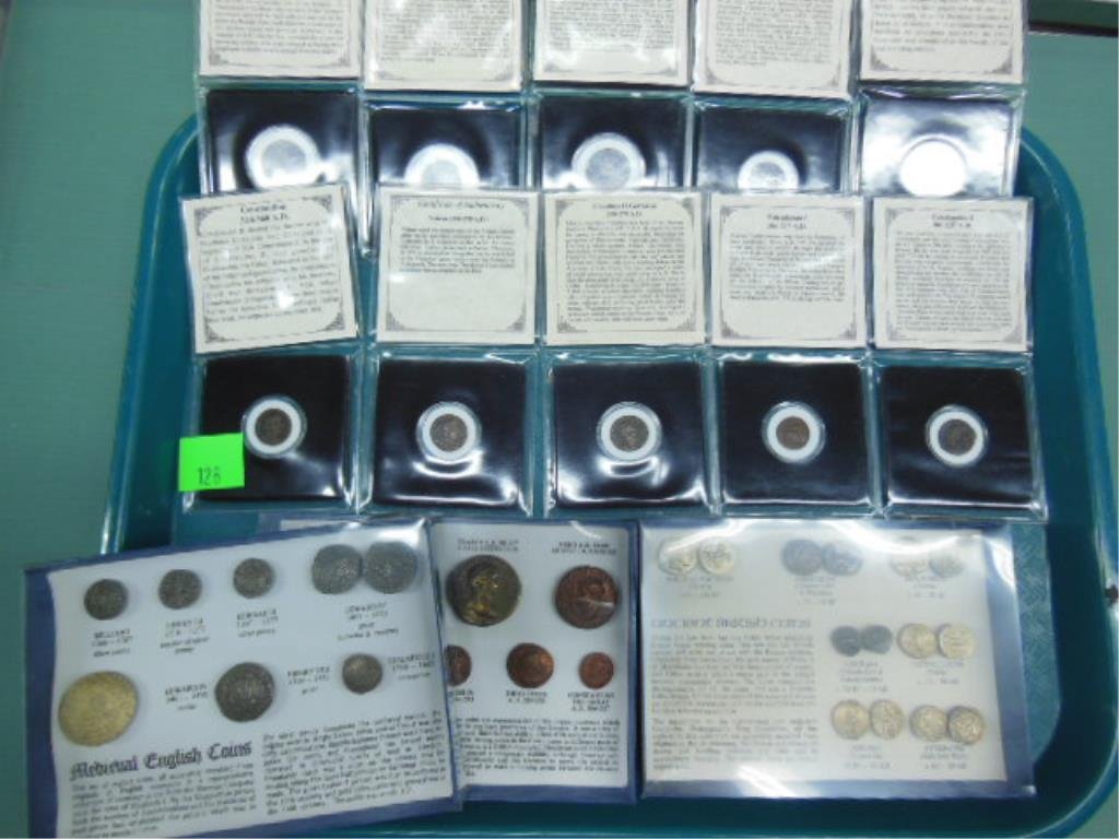 10 Ancient Coins & 3 Sets Replicas: Ten ancient coins & three sets of replicas, (a) Certificate of authenticity with ten coins, 215 to 375 AD. (b) Replica sets of (1) Roman Britain (2) Medieval English coins (3) Ancient British coins CO