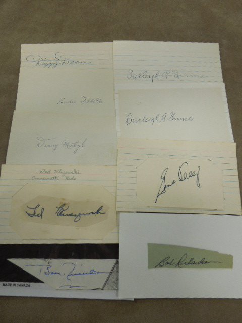 9 Signed Index Cards & Other Baseball: Nine signed index cards & other baseball, including: Dizzy Dean, Birdie Tebbetts, Danny Mustaugh, two Burleigh R. Grimes, Ted Kluzewski, Bob Bobby Richardson, Gene, Note: We do no guarantee authentici