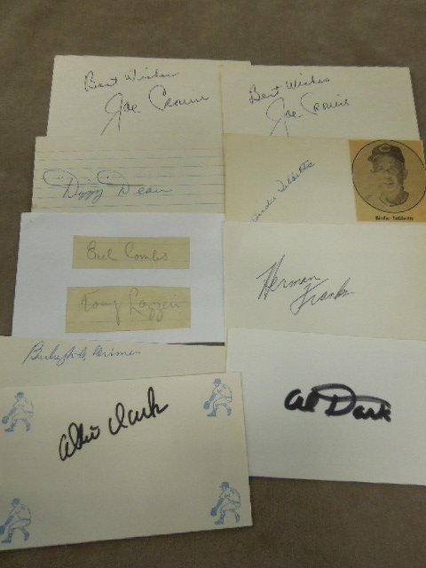 10 Signed Index Cards & Other Baseball: Ten signed index cards & other baseball, including: Dizzy Dean, Earl Combs & Tony Lazzer: (cut signatures on some cards), two Joe Cronin, Birdie Tebbetts, Herman Franks, Al Dark, Burleigh Grimes & All