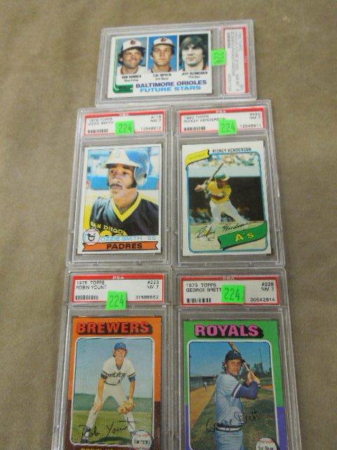 (5) 70s & 80s Topps Rookie / FS BB Cards: Five 1970s Topps Rookie / Future Stars baseball cards, all PSA graded, 1975 George Brett, card #228, 1975 Robin Yount, card #223, 1979 Ozzie Smith, card #116, 1980 Rickey Henderson, card #482 & 1982 O