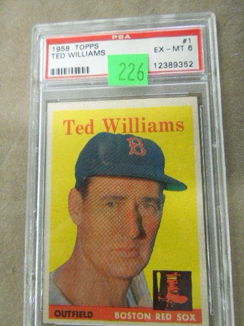 1958 Topps Ted Williams BB Card: 1958 Topps Ted Williams baseball card #1, PSA graded EX-MT 6, PSA # 12389352 in hard plastic case. CONDITION: PSA graded in hard plastic case.