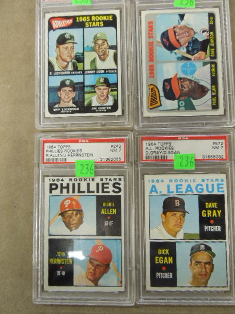 (4) 1960s Topps Rookie Stars BB Cards: Four 1960s Topps Rookie Stars baseball cards, one 1964 Phillies (Allen/ Hernstein), card #243, PSA graded NM 7, #31662055, one 1964 American League (Gary / Egan), card #572, PSA graded NM 7, #31855082