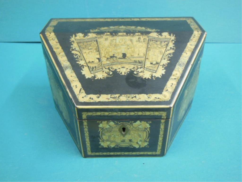 Japanese Lacquered Letter Box: Japanese lacquered letter box, features gilt dragon & feather painted borders with intricate royal court scene panels, lift lid with lock (no key), interior with four compartments, 19th C., 10" x 6" x