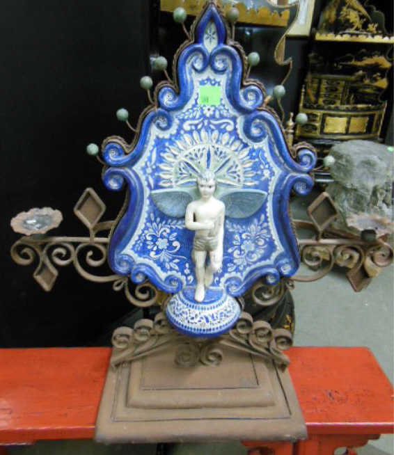 Antique Spanish Colonial Reliquary: Antique Spanish Colonial glazed reliquary & strap metal frame reliquary with twin votive candle holders, stepped base. 18th / 19th C., 29 1/2" h= (overall) CONDITION: Good overall; metal surfaces weat