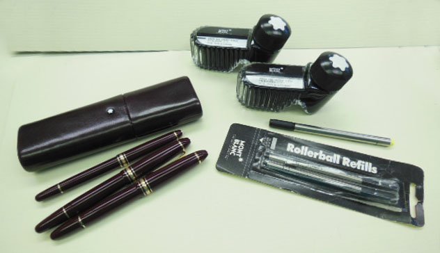 Mont Blanc Pens & Ink Set: Mont Blanc pens & ink set, consists of: Fountain pen Meisterstuck #146 w/14k nub #4810, high lighter Meisterstuck #166 (yellow) & ball point pen Meisterstuck; two bottles Mont Blanc ink 50ml each, bla