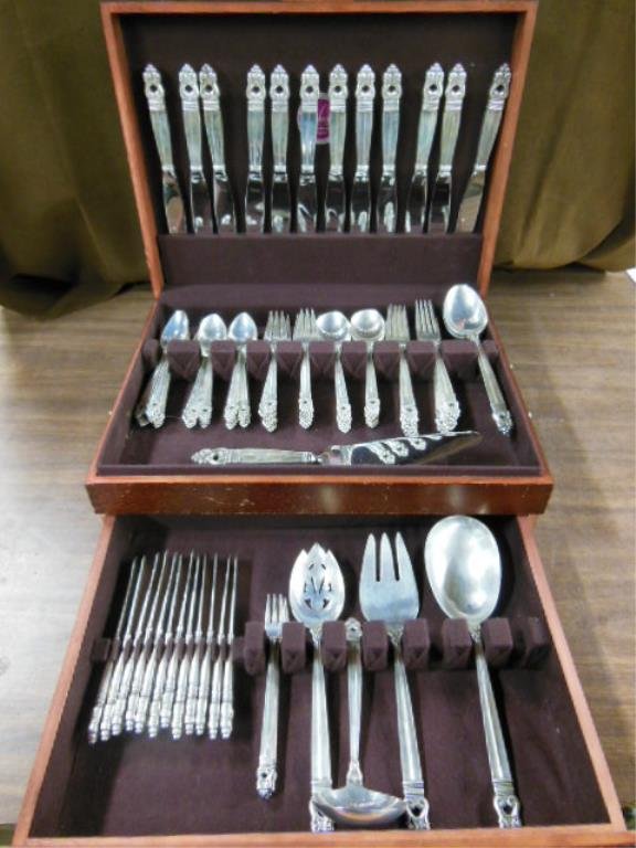 International Sterling Royal Danish Flatware: An International sterling "Royal Danish" pattern sterling, flatware service, including: 12 table forks, 12 salad forks, 12 round bowled soup spoons, 24 teaspoons, 4 seafood forks, large serving spoon,