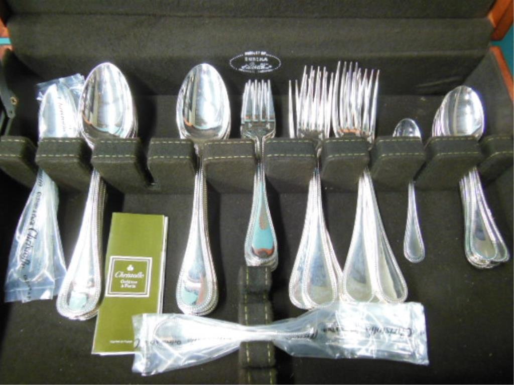 Christofle Silver Plate Flatware Service: Christofle silver plate Perles pattern flatware service for eight, includes: 8 knives, 8 forks, 8 teaspoons, 8 dessert forks, 2 luncheon forks, 2 table spoons, 10 serving spoons, salad fork & spoon, a
