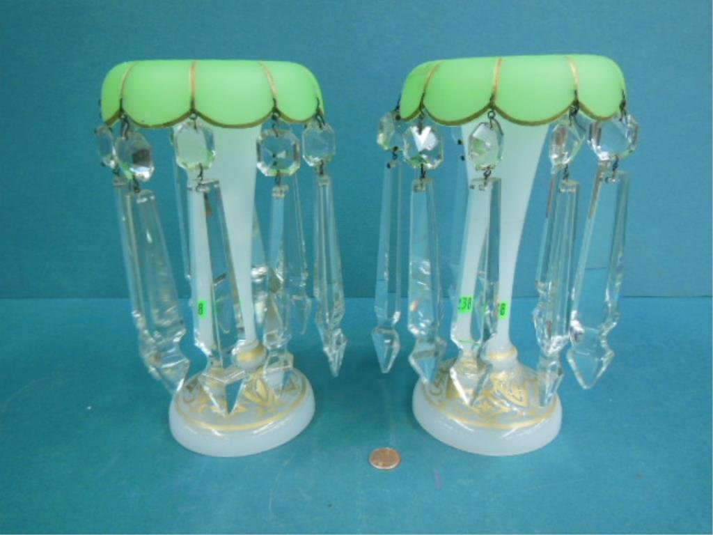 Pair of Victorian Lustres: Pair of Victorian Lustres, Camphor glass in trumpet form with green mushroom tops ribbed in gold, bases with geometric gilt border, cut crystal spears, late 19th c, H 9". CONDITION: Minor flakes on so