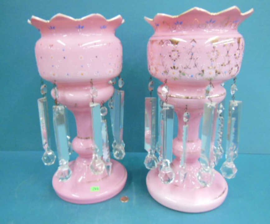 Pr Victorian Cased Glass Lustres: Pair Victorian cased glass lustres, pink to white in urn form with scalloped tops, gilt & floral enameling & two tiers of cut prisms (faceted ball bottoms & cut spears), late 19th C., height 15". COND
