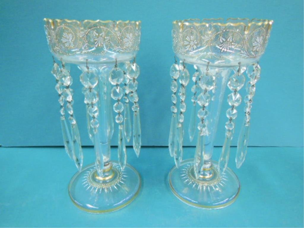 Pr Iridescent Lustres: Pair of iridescent lustres, fine gilding & white enamel dots & spear point motif. Height 12". Bead & spear prisms. CONDITION: Very good vintage.