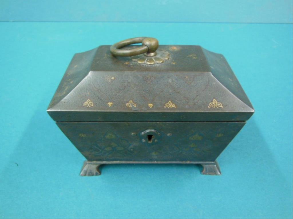 Persian Domescine Jewel Casket: Persian Domescine jewel casket, iron with Niello & damescine gold inlays of ferns, scrolls & stylized flowers, brass ring finial on lift lid; 4 drake like bracelet feet; key lock, early 19th C., 5 1/8