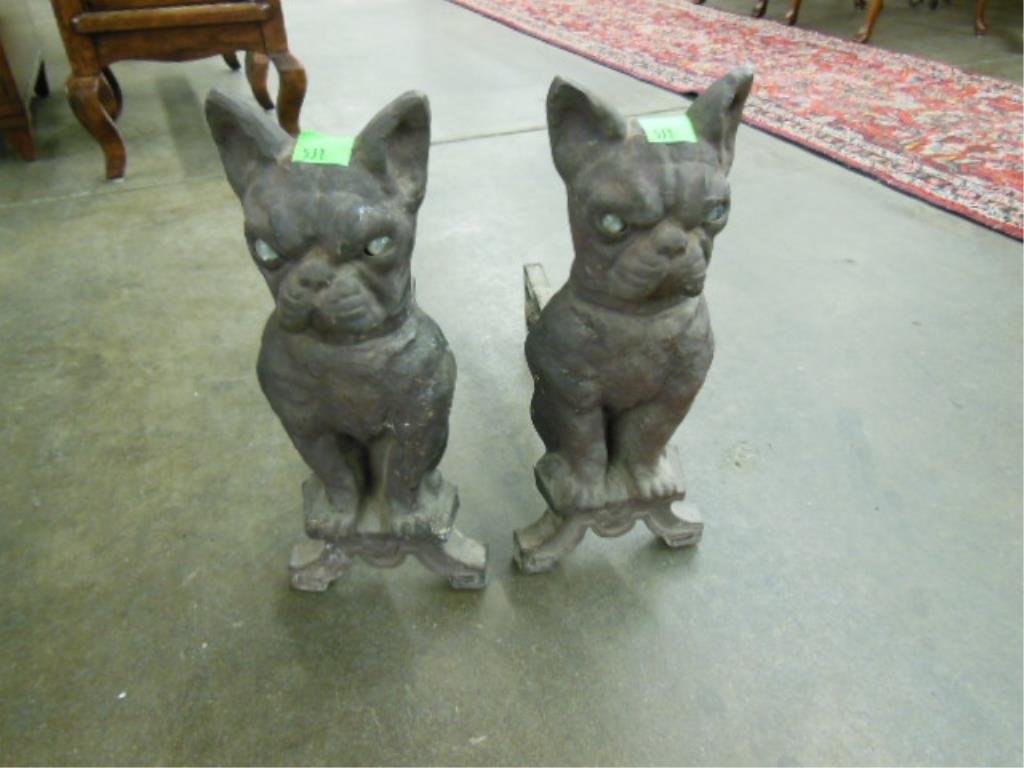 Pr. Bull Dog Andirons: Pair Bull Dog andirons, cast iron with glass eyes, stamped on back: "ICC (?) Co.", 19th / 20th c., H 17". CONDITION: No finish remaining, down to base metal.