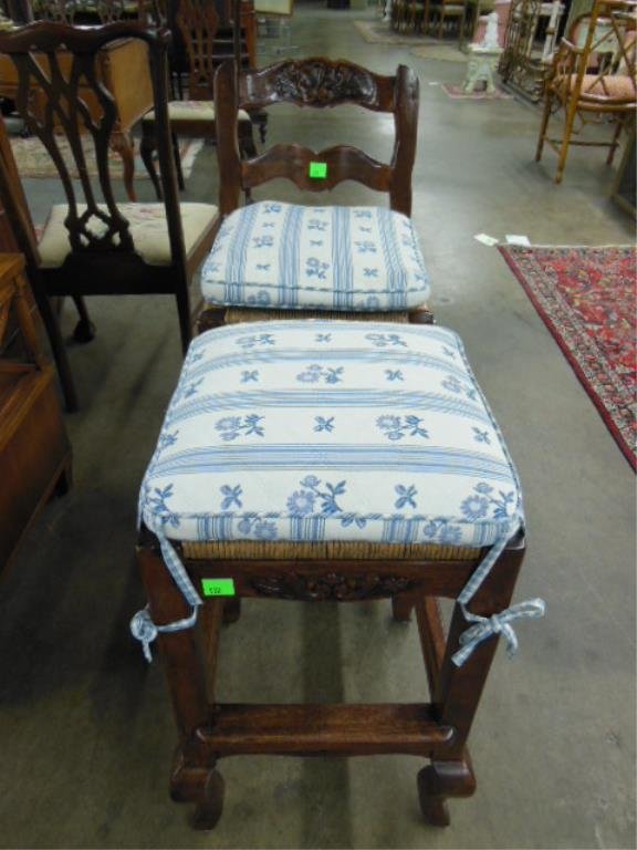 4 Country French Bar Stools, Fruitwood: Four Country French bar stools, fruitwood, three with serpentine shell carved backs & aprons, all with rush seats & cabriole legs with stretchers, mid to late 20th C., one stool backless, 36 1/2" h. C