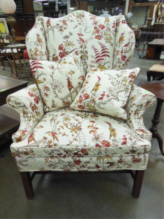 Chippendale Style Wing Chair: Chippendale style wing chair, mahogany straight legs, ivory cloth slip covers with red & brown Oriental figures & flower print; over a mauve cloth floral pattern upholstery, includes: two matching pil