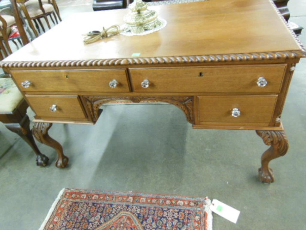 Centennial Chippendale Partner's Desk: Centennial Chippendale Partner's desk, honey mahogany, gadrooned edge top, overlapping drawers with glass pulls, acanthus carved cabriole legs with ball and claw feet, 19th/20th c. 30" x 50" x 30". CO