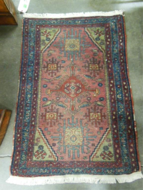 Hamadan Antique Throw Rug: Hamadan antique throw rug, chemical dies; maroon ground with red, blue & gray geometric field & borders, 2'7" x 3'9". CONDITION: Both ends with losses & recast.
