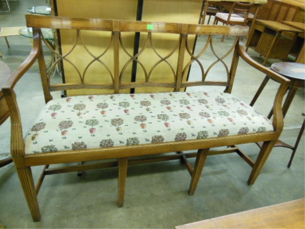 Hepplewhite Style Settee: Hepplewhite style settee, mahogany with band and line inlays on 3 seater back rail cloth upholstered slip seat, reeded tapered square legs, early 20th c. 52" x 35 1/2" x 21". CONDITION: Scratches, fin