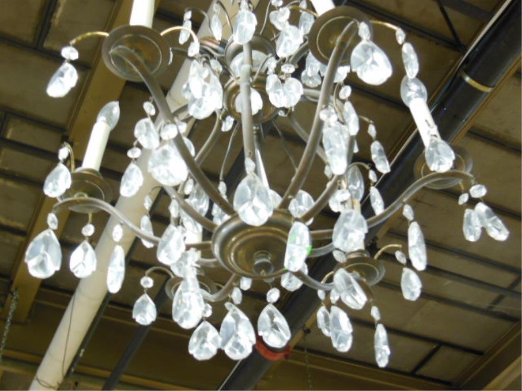 Brass & Crystal Chandelier: Brass and crystal chandelier brass frame in crown form, 6 lights with ball, spear and teardrops crystals, mid 20th c. D 16", H 22". CONDITION: Tarnished.