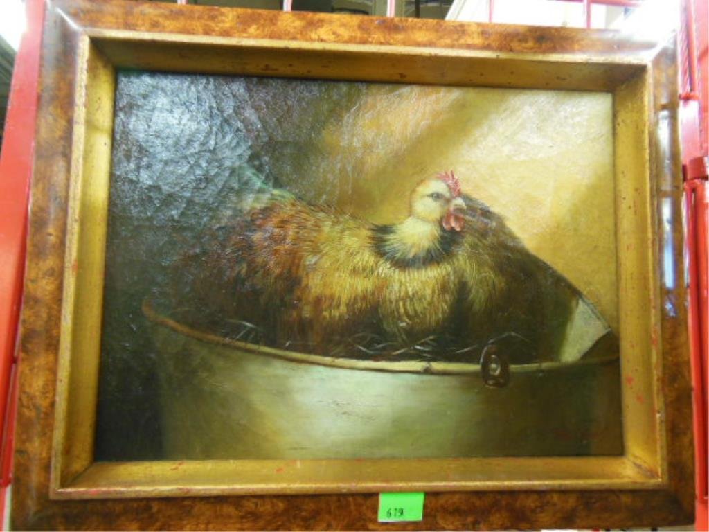 T. James, o/c, Hen on Nest: Trevor James, signed, oil on canvas, Hen on Nest. 15 1/2h x 19 1/2 w = frame CONDITION: No issues identified.
