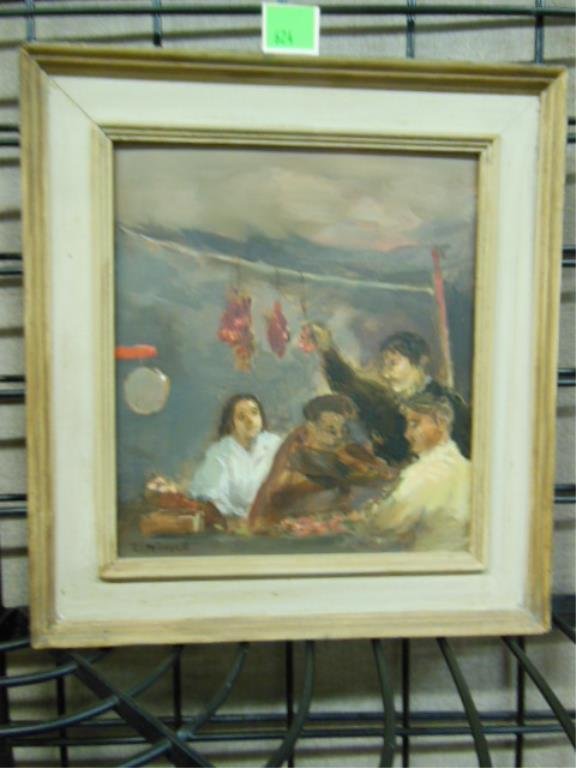 Seymour Remenick, o/p, "Buying Red Onions": Seymour Remenick, oil on panel, "Buying Red Onions". [Pearl Fox Gallery, Philadelphia exhibition label on panel verso, with title] panel: 10" x 9"; painted wood frame: 14" x 13". CONDITION: Very good.