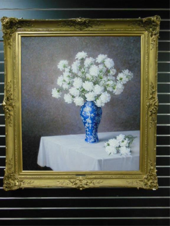 H. Dezire, o/c, White Carnations: H[enry] Dezire, signed, oil on canvas, White Carnations in a Chinese blue and white floral vase. 46 3/4"h X 43"w=frame. CONDITION: Painting: No issues identified; Barbizon frame with several minor ges