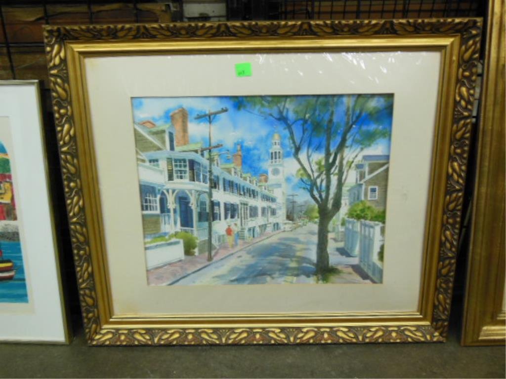 W. Blair, w/c, Lambertville (?) Street Scene: Warren Blair, signed, watercolor, Lambertville, New Jersey (?) street scene. 27 h x 32 3/4 w = frame CONDITION: Framed with plastic sleeve in lieu of glass; mat w/tear & staining.
