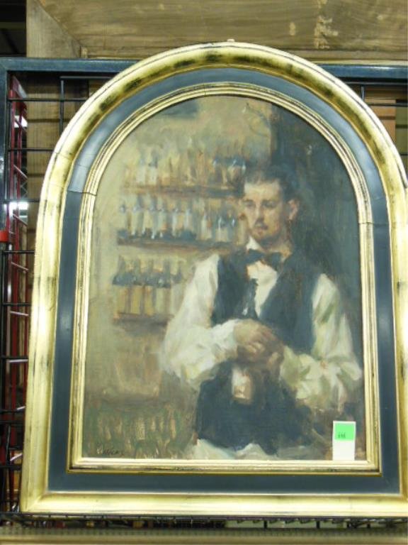 R. Hicks, o/p, "Behind the Bar": [Ron] Hicks, 2002, signed, with date verso, oil on panel, "Behind the Bar". [Arcadia Gallery, New York exhibition label verso]. 30 1/2"h x 24 1/8"w=frame. CONDITION: No issues identified.