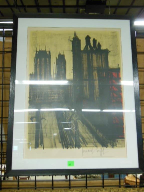 B. Buffet, Litho, Cityscape: Bernard buffet, signed, colored lithograph [65/150], cityscape. 26 3/4"h x 19 3/4"w = sheet (sight); 32 3/4h x 26w = frame. CONDITION: Not examined out of frame; no evident issues.
