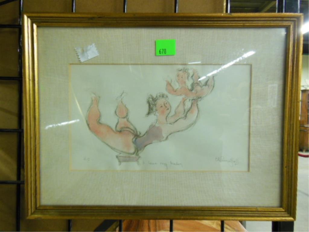 C. Gross, Litho, "I Love My Baby": Chaim Gross, signed & titled in graphite, colored lithograph, "I Love My Baby". [47] 13h x 17 w = frame CONDITION: Not examined out of frame; no evident issues.