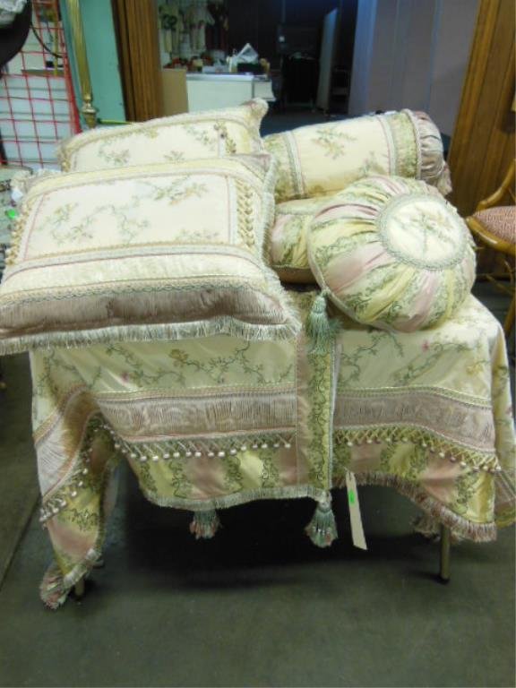 9 Pc Embroidered Pillows & Cover Grouping: Nine piece embroidered pillows & cover grouping, features floral brocade flowers, embroidered borders, fringe & tassels on satin like material, includes: seven assorted; pillows & two throw covers, la