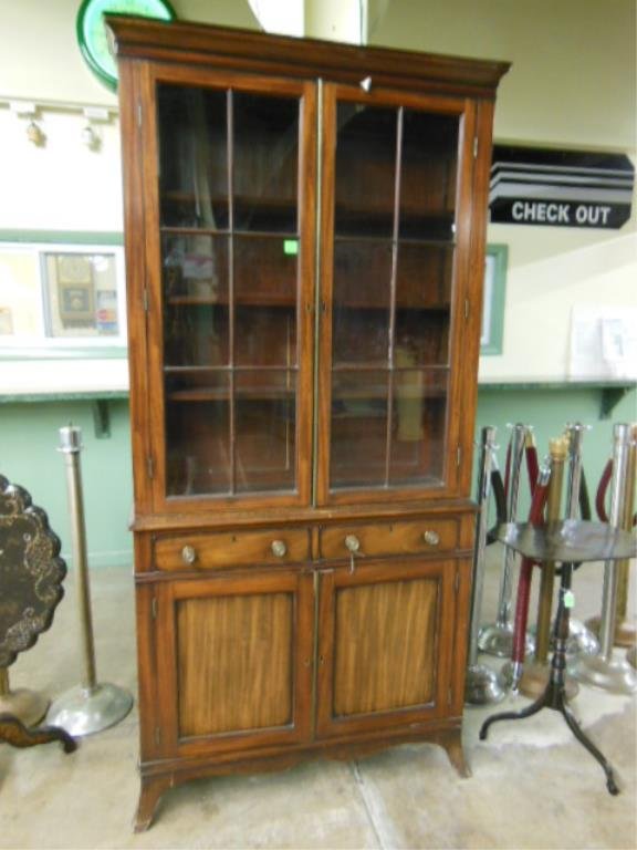 Hepplewhite Mahogany Bookcase: Compact Hepplewhite mahogany & string inlaid bookcase cabinet probably English,, 19th C. [Lock plates stamped: "Geourc Lever"]. (bookcase with 3 adjustable shelves, & 2 fixed in cabinet), 81 3/4" = h;