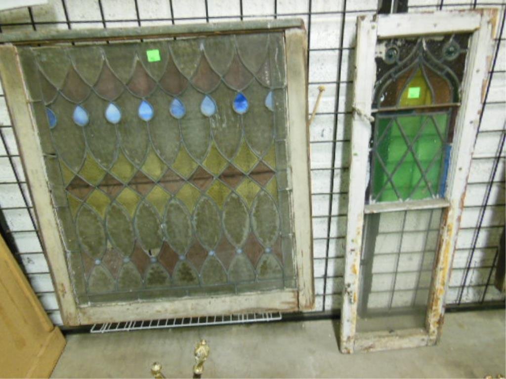 2 Framed Leaded Glass Windows: Two Framed leaded glass windows, 31" x 34", teardrop, oval & diamond design, textured glass panels, amethyst, blue & vaseline & a 14" x 43 1/2" window with arched & diamond pattern top section in mult