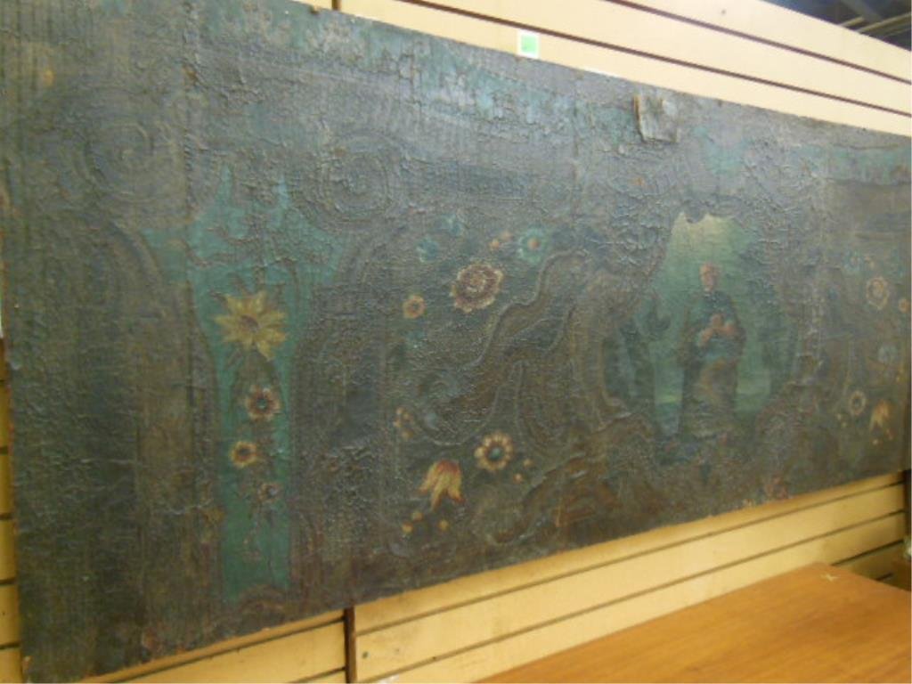 Antique Spanish Cordovan Leather Panel: Antique polychrome & tooled Cordovan leather panel with priestly benediction central motif flanked by column & floral designs, Spanish, 17th / 18th C. 30 3/4" h x 84 1/2"w. CONDITION: Original thin wo