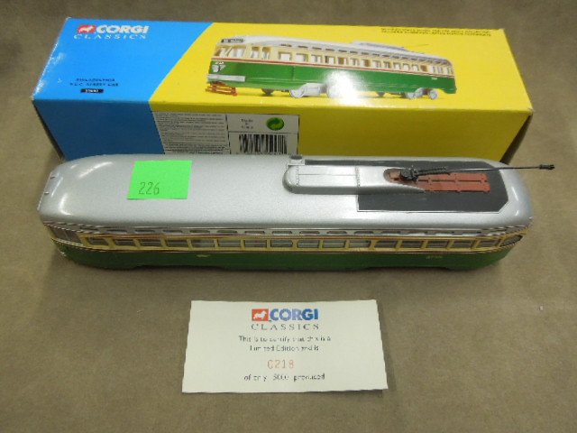 Corgi Die Cast Trolley: Corgi Classics die cast trolley, Phila PTC street car #2733, 53 (Wayne Ave & Carpenter Ln) green & beige with maroon accents, gray roof limited edition 218 / 5000 with certification card, original box